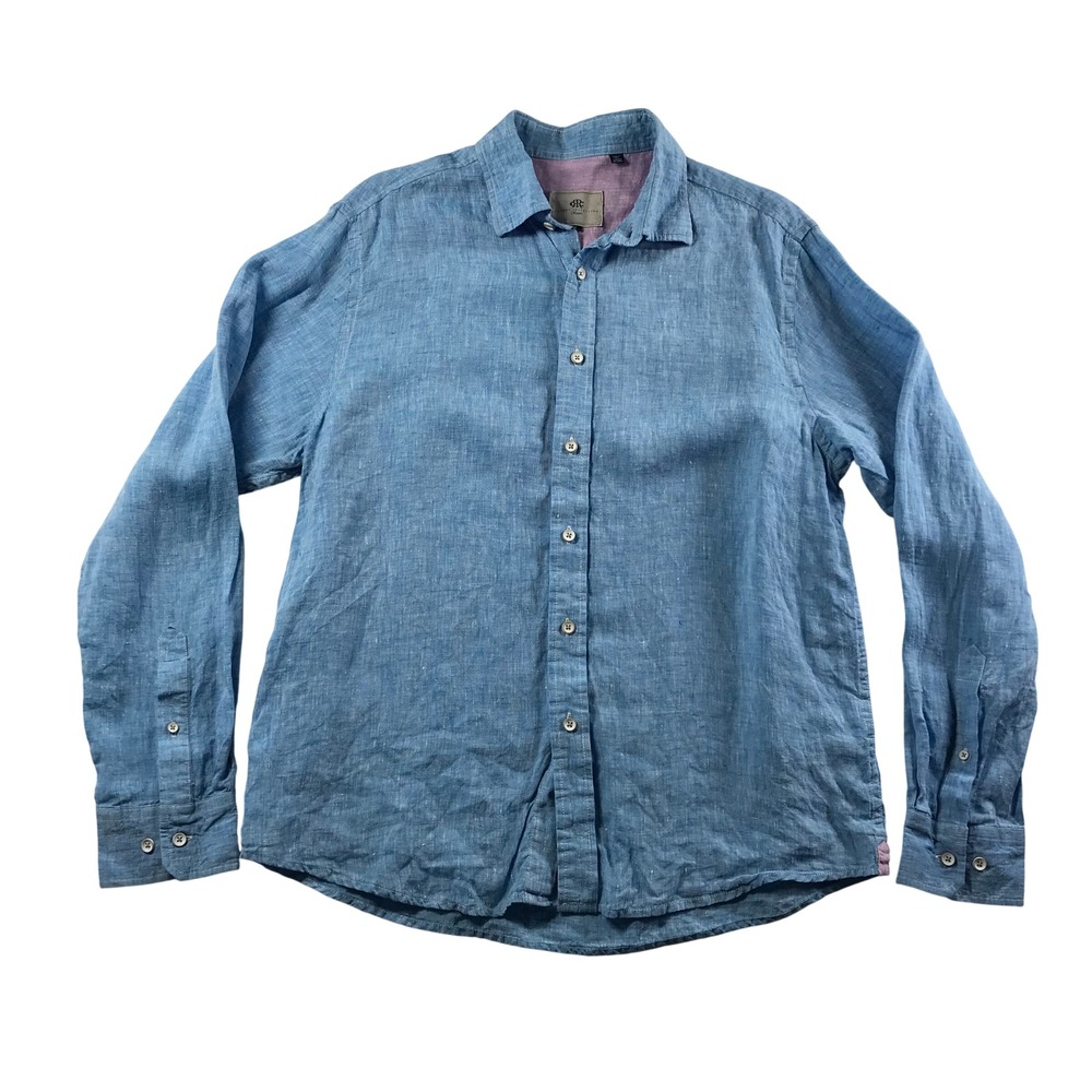 Report Collection Resort Mens Light Blue 100% Linen Button Down Shirt Large